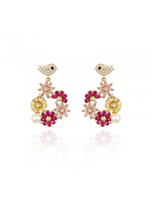 耳环•鸟语花香系列 Garden Party Earrings 花鸟环绕大圈吊坠耳环