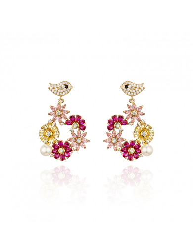 耳环•鸟语花香系列 Garden Party Earrings 花鸟环绕大圈吊坠耳环